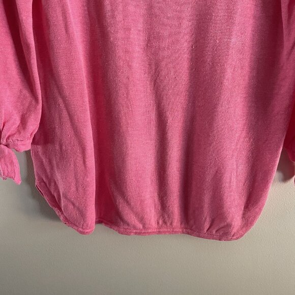 Talbots Women M Pink Split Neckline 3/4 Tie Sleeves Hamptons Linen Sweater - Picture 3 of 9
